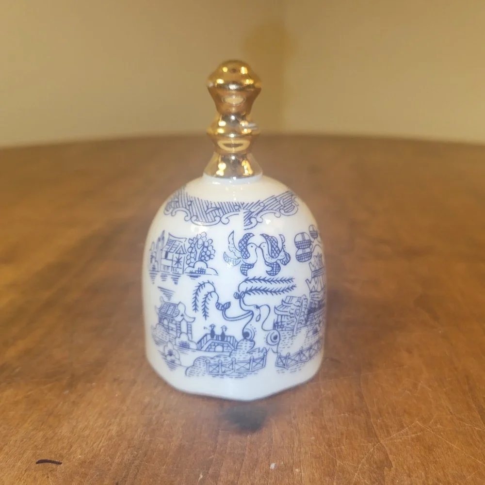 Vintage Blue Danube Enesco Japan Blue and White Bell With Gold Handle and Trim.